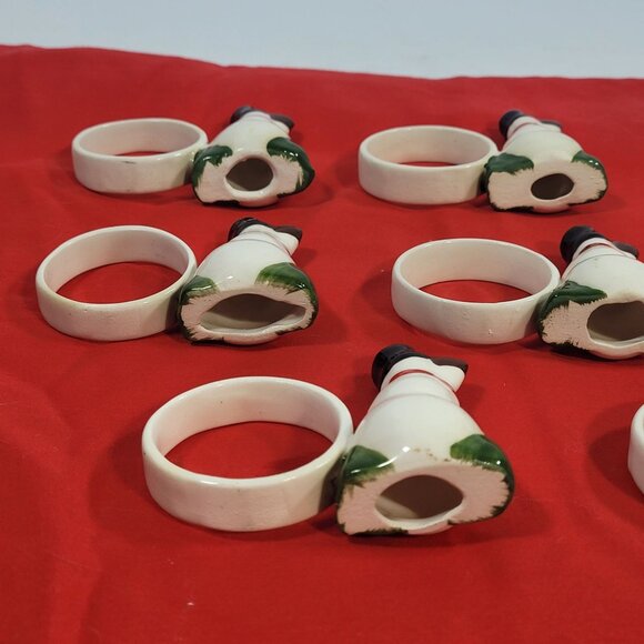 Vintage Snowman Ceramic Napkin Rings Set of 8 White Green Red Handpainted - Picture 3 of 8
